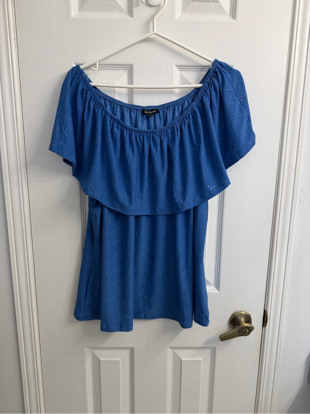 Women's Time Square Bright Blue Off-Shoulder Ruffle Tunic Top XL